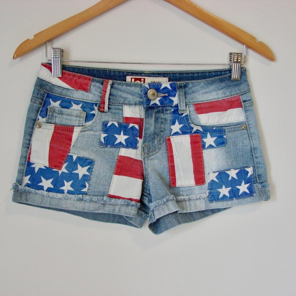 Vintage Y2K Denim Jean Shorts Micro Low Rise Stars Frayed Hem LEI Size 1 Junior